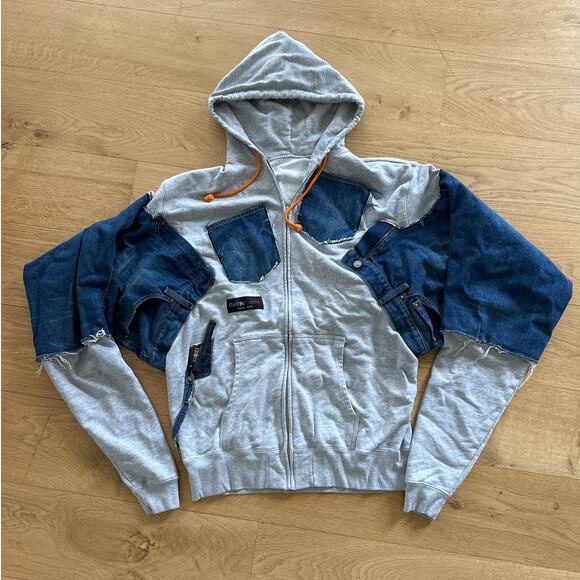 Codona De Moda - Remade Jeans Zip Front Hoodie in Gray & Denim Blue